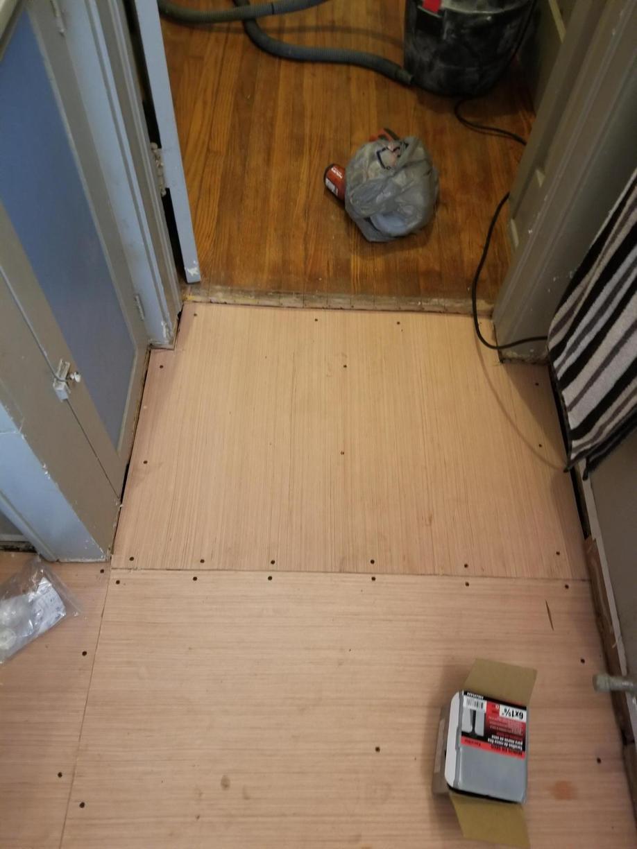 The subfloor was installed using glue adhesive and torque screws to make sure the new floor would now squeak under footsteps.